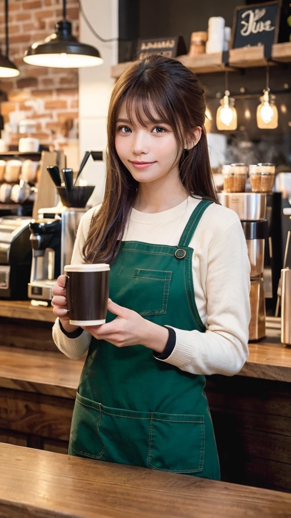 masterpiece, highest quality, High resolution, Small cafe, cozy and warm atmosphere, wooden furniture, soft lighting, few customers in the background, barista working behind the counter, Young woman, early 20s, standing behind the counter, working as a barista, casual outfit, light sweater, jeans, comfortable sneakers, long hair tied back, wearing a green apron similar to Starbucks, focused and engaged expression, slight smile, making a coffee, holding a cup and steam wand, Mid-shot, focus on her making coffee, with the cafe interior in the background, capturing the warmth and charm of the setting