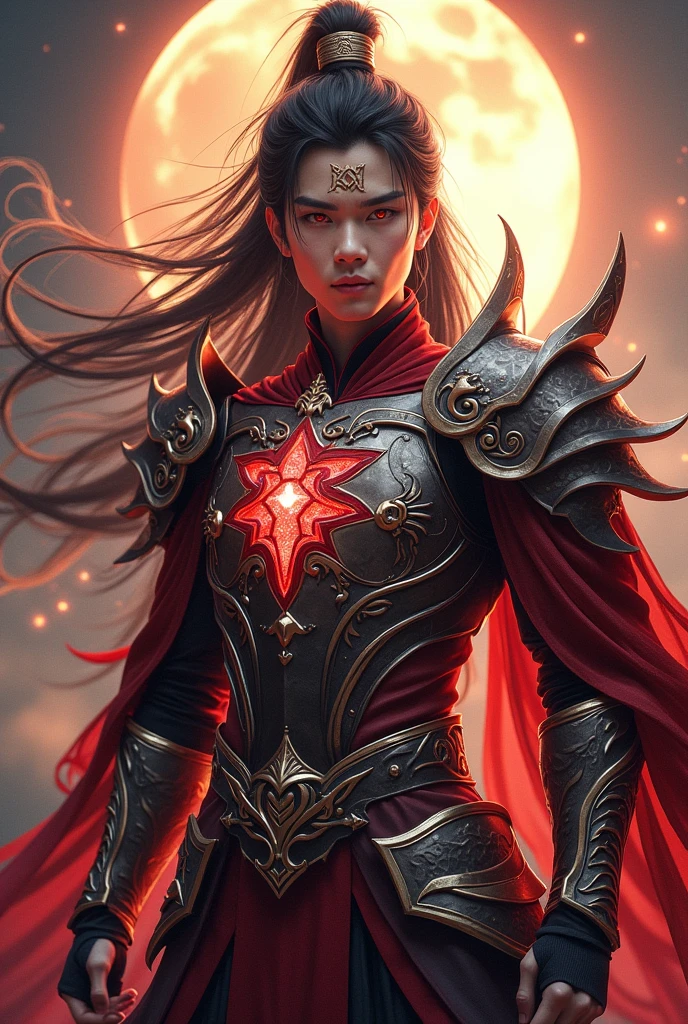 Handsome young early 20 Yo xianxia protagonist,charming handsome,guy,man,long black obsidian hair, Crimson red eyes combination ,and long black tint hair,and the golden rune motiv engraved on his forehead,use armour featuring like God of evil with black and silver dominant color,pauldron protective shape like dragon head,breastplate featuring like qiongqi four perils Chinese beast((search reference for 4 perils Chinese beast qiongqi)),breastplate detailed emperor dragon head shape,shoulder protective dragon shape like head red and blue,sun and moon and circling at the background,ultra detail,the tassel of the armour like river of galaxy, combination of black and red dominant color,darkest red dominant color, Crimson dark red dominant color armour,with majestic silver line ,held halberd of abyss,halberd extreme detailed, And demonic wings at back,demonic wings at back,terrifying aura around,24K ultra hd,face and eyes detail,lips and face detail,masterpiece ,better quality