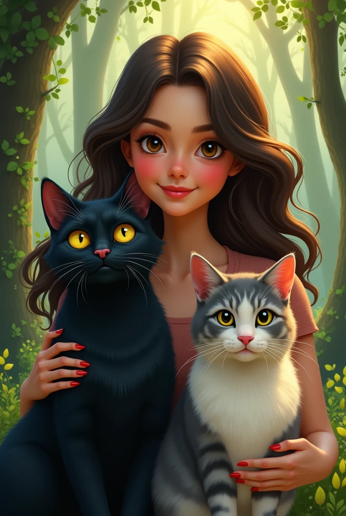 Disney poster brunette girl wavy hair with black cat with white and one brown with gray stripes