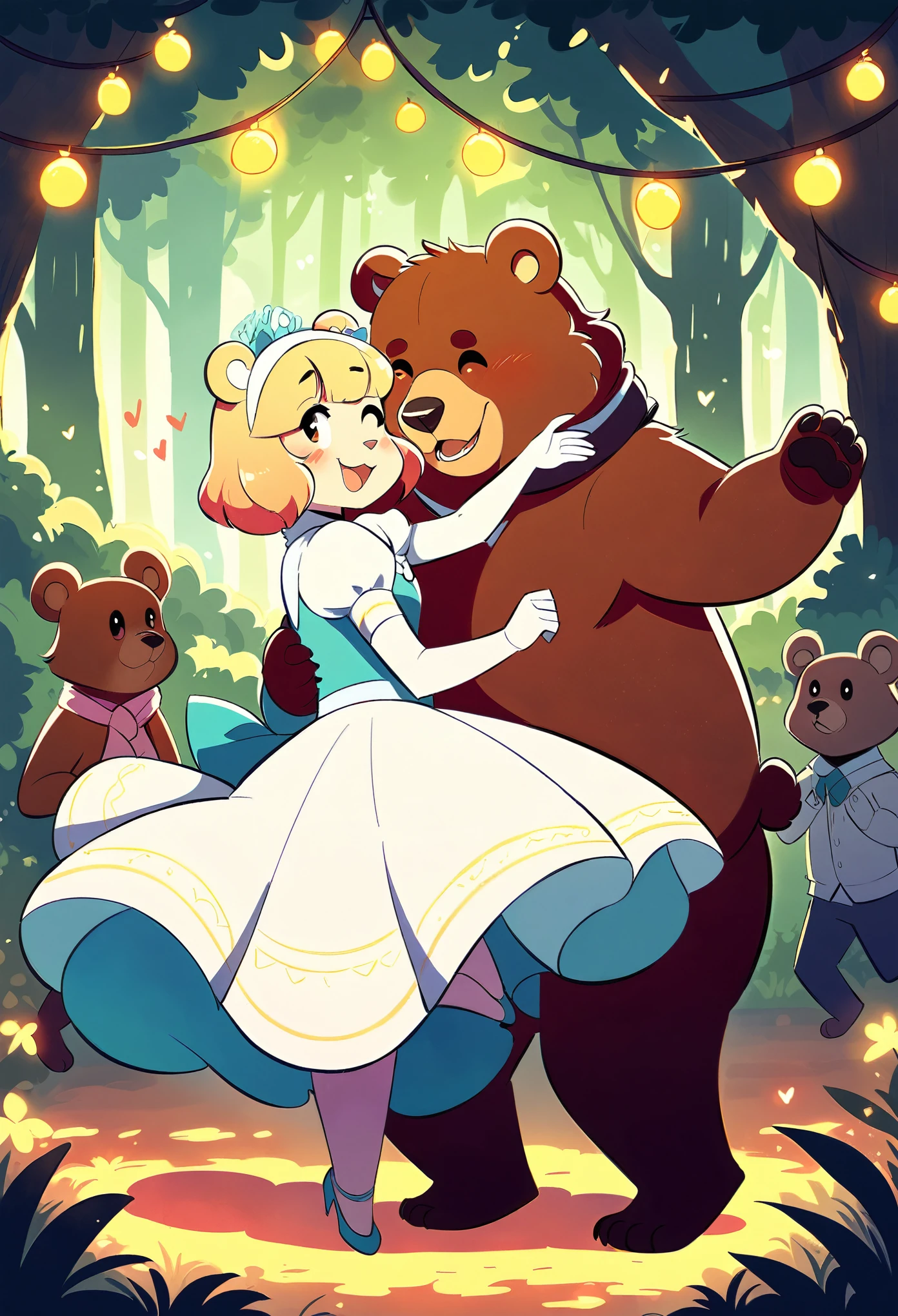 rating_safe, score_9, score_8_up, score_7_up, score_6_up, score_5_up, score_4_up, hires, source_furry(super cute 1girl, bear, pair)singing, dancing, waltz, boys, girls, forest, good lighting,