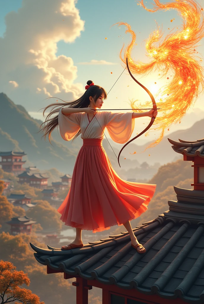 Realistic photorealistic photo with details, wide cinematic landscape, beautiful Chinese-Korean girl, fair skin, very cute, beautiful and realistic and charming, long hair with bangs, archery pose on top of a building, wearing a kimono, Japanese wooden shoes, shooting arrows using fire arrows, holographic phoenix effect, Japanese city background, ultra-wide UHD image "Natural landscape".