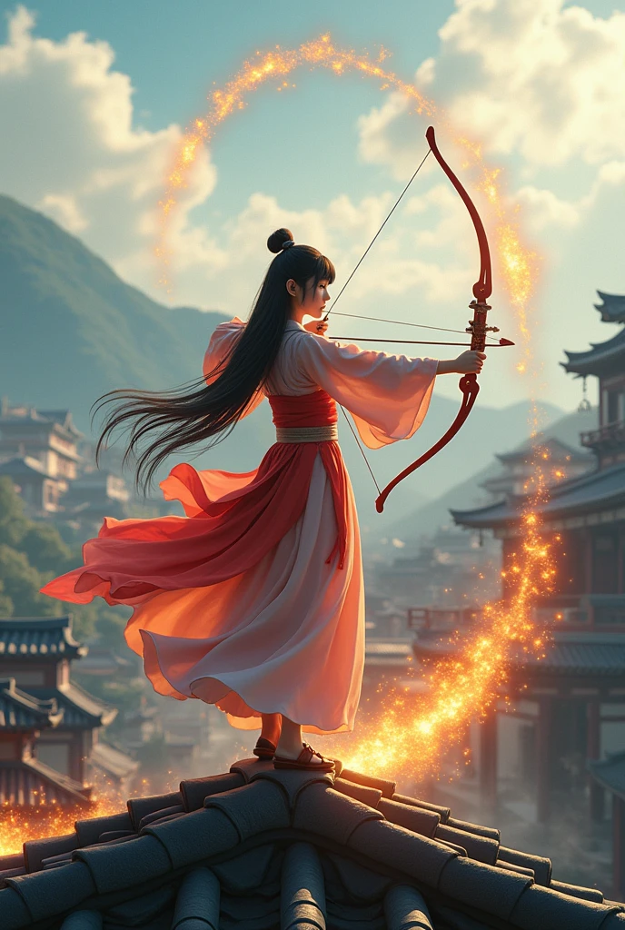 Realistic photorealistic photo with details, wide cinematic landscape, beautiful Chinese-Korean girl, fair skin, very cute, beautiful and realistic and charming, long hair with bangs, archery pose on top of a building, wearing a kimono, Japanese wooden shoes, shooting arrows using fire arrows, holographic phoenix effect, Japanese city background, ultra-wide UHD image "Natural landscape".