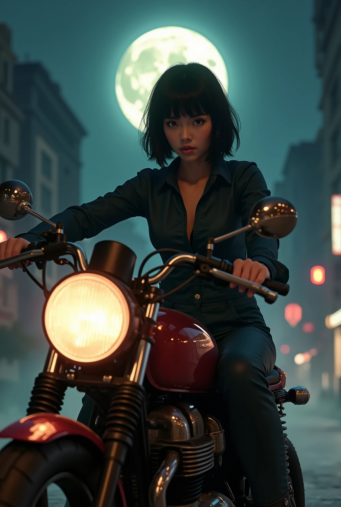 A beautiful young woman from Brooklyn, dressed in a jumpsuit, riding a classic cafe racer motorcycle under the full moon of the Mid-Autumn Festival. The scene is set at night with the full moon glowing brightly in the background, illuminating her and the vintage bike. She has short black bobbed hair, and her expression is cool and composed. The motorcycle is vintage in design, adding to the retro atmosphere. The setting reflects an urban night with a slight mist, creating a mysterious and serene mood 