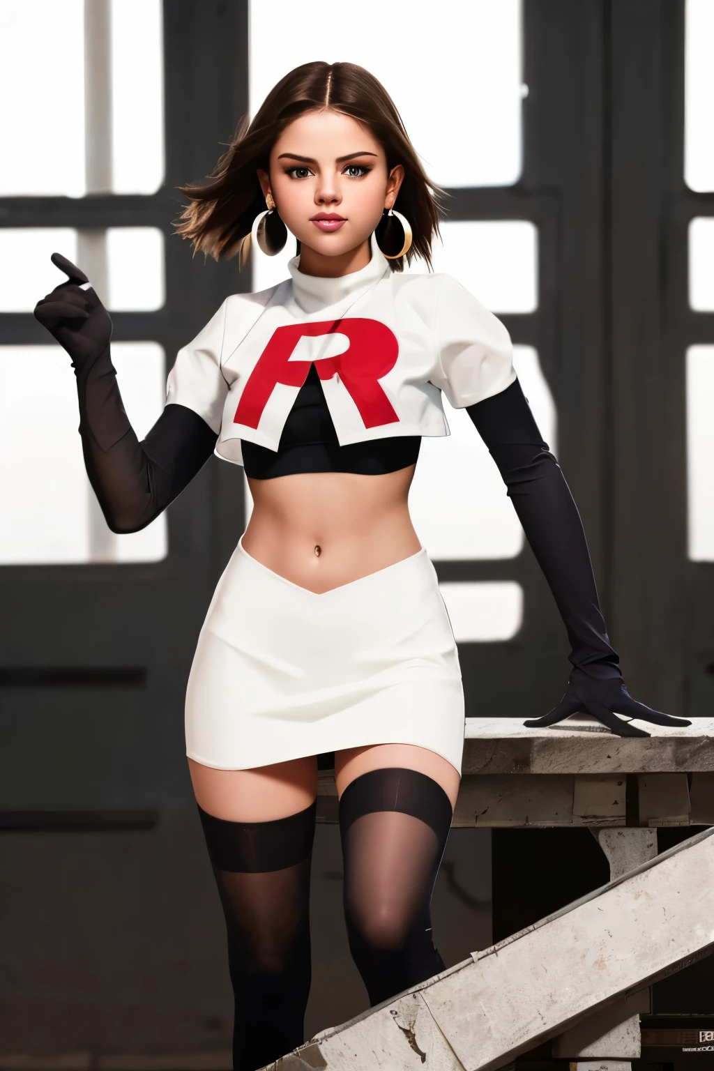 The face of Selena gomez, 1girl, solo, team rocket,team rocket uniform,white skirt,red letter R,crop top,black thigh-highs,black elbow gloves, earrings, large breasts, 