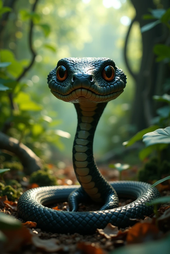 Small snake with big head and small dark body in a jungle with its mouth closed 
