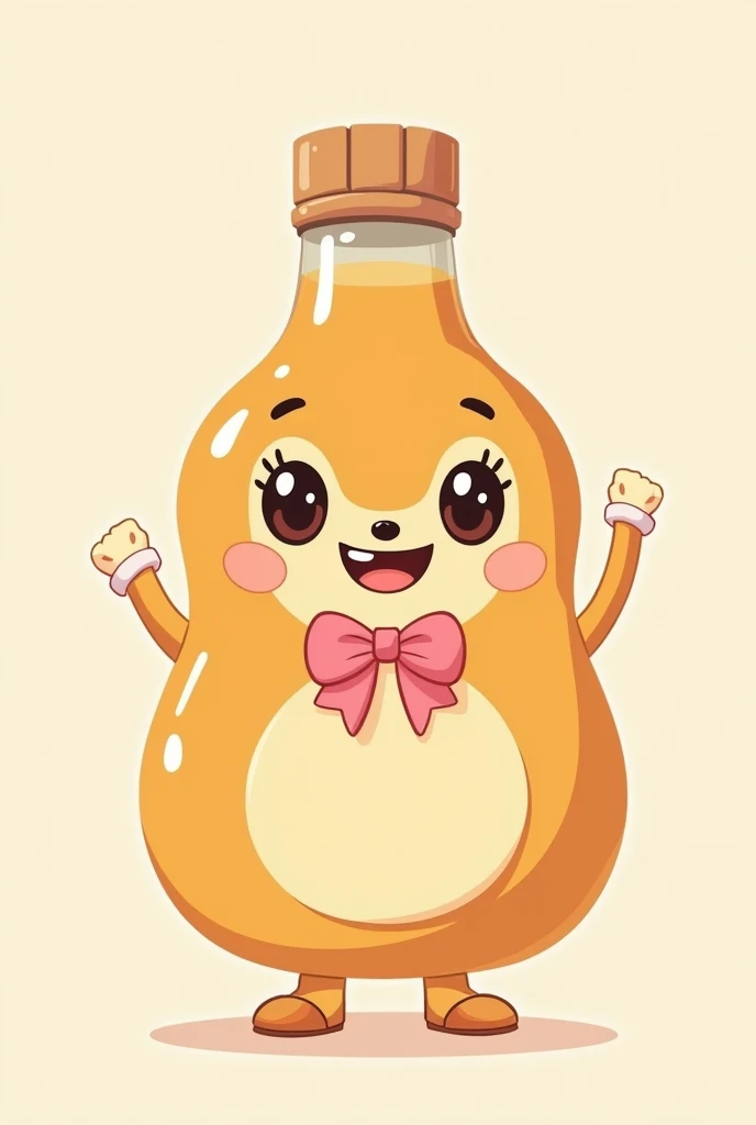 a maple syrup bottle character with a pink bow, big eyes, big eyelashes, with a round nose, big smile, arms with white gloves and legs with little shoes, 2D simple cartoon non tridimensional, non kawai