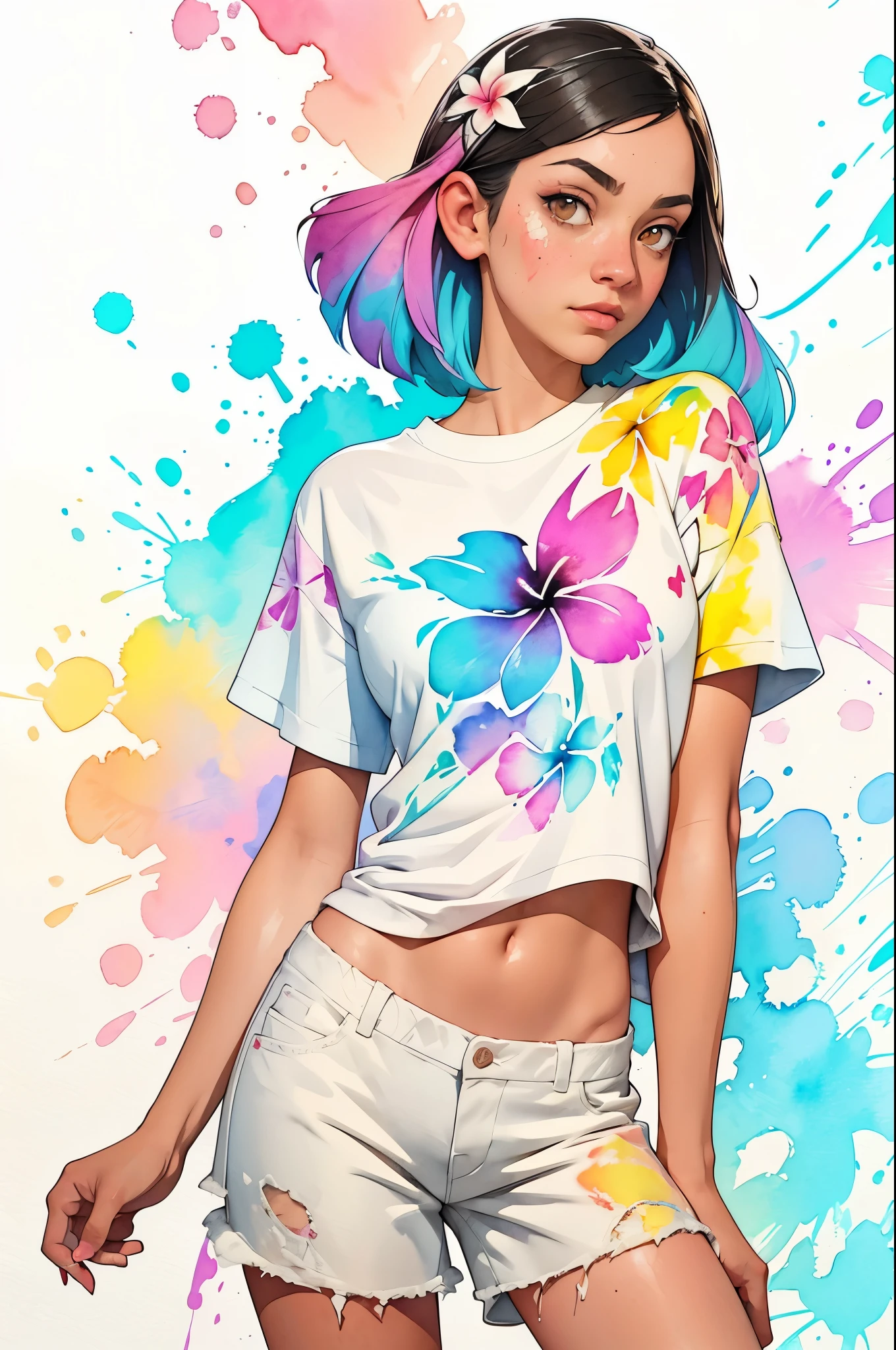 a Plumeria painting with a splatter background and spray paint effect, by Eugeniusz Zak, t-shirt, upper body centered, watercolor art, by Károly Lotz, watercolor painting, watercolor painting style, watercolor detailed art, by Reuben Tam, watercolor digital painting, watercolor paint, masterfully detailed watercolor, watercolor art, Greg Rutkowski