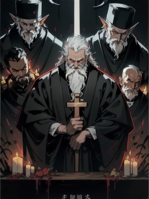 (masterpiece, Highest quality;1.3),(Movie Posters:1.2), 1 person, elder、beard、Priest,, Grim expression、He holds up a cross in his right hand to threaten the devil., Candlelight, View your viewers, Calligraphy characters, Long Shadow, Dark Room,Symmetrical Configuration, Super detailed、8K