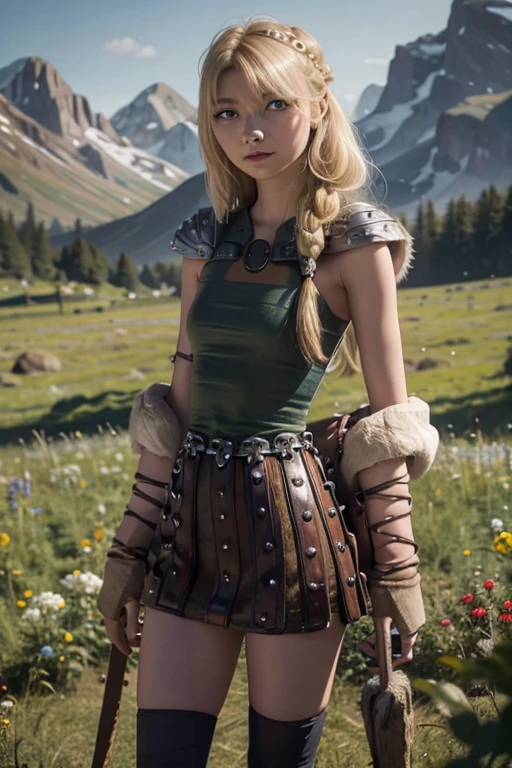 astrid hofferson, Perfect eyes, Skinny body, small bust, two hands, Whole body, you can see his legs, standing, Lovely, mountainous landscape, pose sexy,