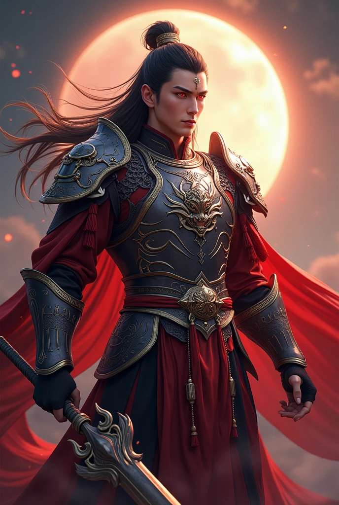 Handsome young early 20 Yo xianxia protagonist,charming handsome,guy,man,long black obsidian hair, Crimson red eyes combination ,and long black tint hair,and the golden rune motiv  engraved on his forehead,use armour featuring like God of evil  with black and  silver dominant color,pauldron protective shape like dragon head,breastplate featuring like qiongqi four perils Chinese beast((search reference for 4 perils Chinese beast qiongqi)),breastplate detailed emperor dragon head shape,shoulder protective dragon shape like head red and blue,sun and moon and circling at the background,ultra detail,the tassel of the armour like river of galaxy, combination of black and red dominant color,darkest red dominant color, Crimson dark red dominant color armour,with majestic silver line ,held  halberd of abyss,halberd extreme detailed, And demonic wings at back,demonic wings at back,terrifying aura around,24K ultra hd,face and eyes detail,lips and face detail,masterpiece ,better quality 