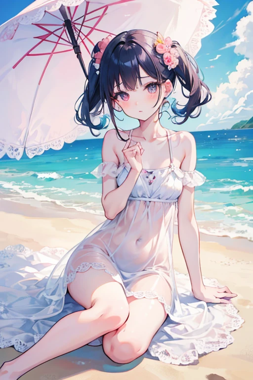 Beautiful and charming woman in fashion trend, full body: 1.6, holding flowers, random hairstyle, sitting under a parasol, by the sea, tight slip dress random color, wind blowing hair, blue sky and white clouds, delicate sexy collarbone, covering chest, charming goose egg face, double eyelids, smart peach blossom eyes, pink lips, small upturned nose, bare shoulders, focused face, face close-up, ultra-high definition, super detail, ultra-thin translucency, fresh and good, see-through, pink