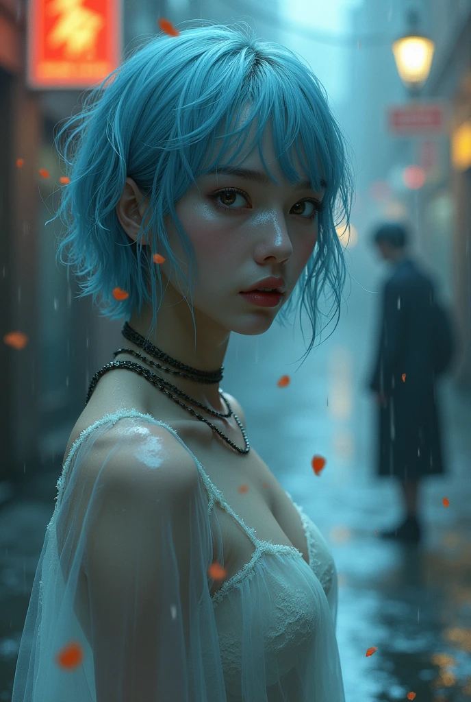 NUDE:1.2,Traction collar:1.3,Leash:1.3,protrait photo,Full body image,For the audience,Shred clothes,Fragments of clothing,cpainting,psychedelic,Dreamlike,atmospheric artwork depicting a rainy street scene at night. soft,pastel color palette dominated by blues and eerie oranges. A girl with short,light blue hair,wet hair, dressed in a wet and transparent dress,offering an ethereal,almost ghostly presence. The background showcases blurred city lights,rain reflections,and falling petals,creating a sense of melancholy and romanticism. Dynamic composition with a mix of sharp and softened details,emphasizing the dreamy,impressionistic style. Another figure,possibly a young man,stands in the blurred rain-soaked background,contributing to the sense of solitude and introspection.,,Devil figure,slim,Front convex and back curved,Perfect body,的Very detailed details of the face,Clear facial features,Fair and delicate skin,long legs,Avoid changing the facial features of the reference image,Perfect facial features,Very detailed details of the face,Glowing eyes,Mid-chest,Cleavage,clavicle,Light arm,Bare legs,Black over the knee,Perfect body比例,Long legs,Devil figure,Real skin texture,Glowing translucent skin,Real skin pores,Perfect hands,Perfect hands臂,Perfect hands指,Perfect legs,Perfect feet,Perfect feet趾,Covered in sweat,Devil figure,slim,Front convex and back curved,Perfect body,的Very detailed details of the face,Clear facial features,Fair and delicate skin,long legs,Avoid changing the facial features of the reference image,Perfect facial features,Very detailed details of the face,Glowing eyes,Big breasts,Cleavage,clavicle,Light arm,Bare legs,Black over the knee,Perfect body比例,Long legs,Devil figure,Real skin texture,Glowing translucent skin,Real skin pores,Perfect hands,Perfect hands臂,Perfect hands指,Perfect legs,Perfect feet,Perfect feet趾,