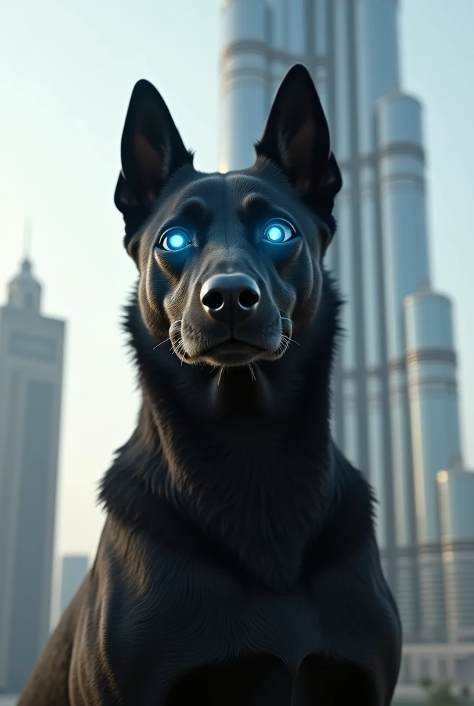 A black dog , eyes Robot but body real , backside bhurjkhalifa, 