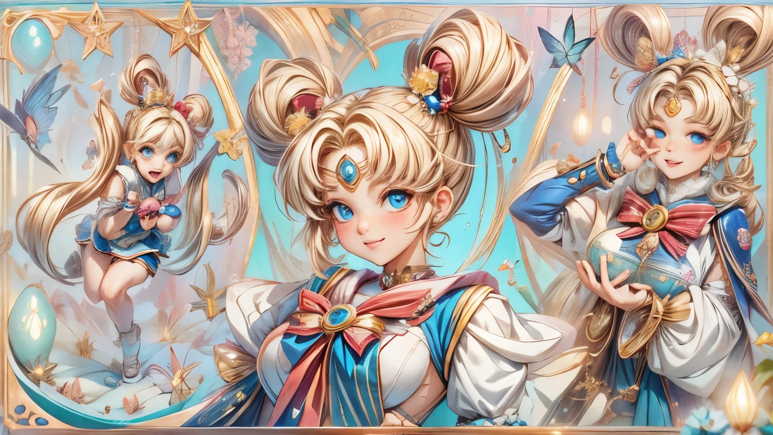 Draw Sailor Moon in her signature sailor suit, including the golden tiara, the red bow on the chest and the blue skirt. Make sure to include her long blonde hair in two pigtails with crescent moon decorations. The pose must be dynamic, as if in the middle of a magical transformation, with light effects and flashes around. In the background you can see the full moon and the Milky Way