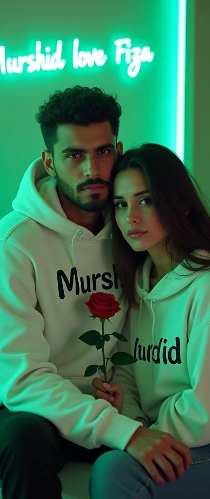A 4k quality highly detailed Realistic portrait Handsome 28 year guy White Hoodie with 30 year beautiful women in a White Hoodie, the girl has a red rose flower in her hand and is sitting on down floor, with romantic mode, no smile, written "Murshid" in the boy hoodie and "Fiza" in girl's hoodie, and Murshid love Fiza is written on the green light glow wall with neon text text behind.