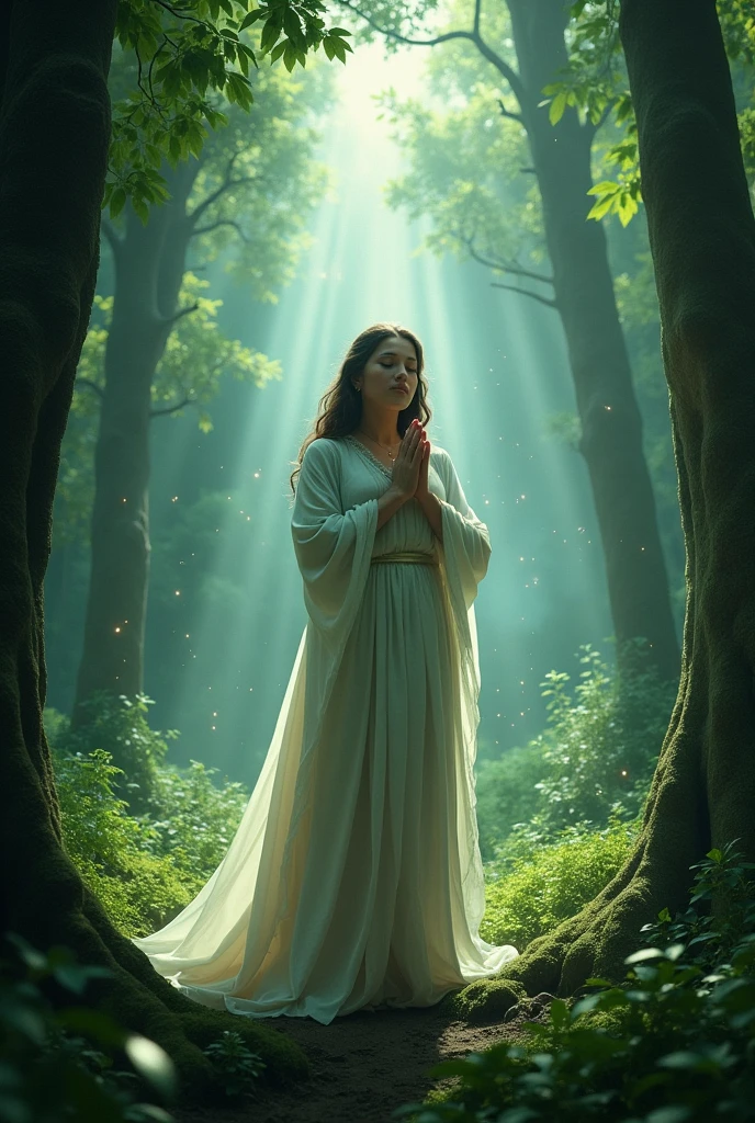 .. lara Asking for Help from the Spirits of the Forest • lara with her eyes closed and her hands in prayer, surrounded by a magical aura. Ethereal elements or soft lights can represent