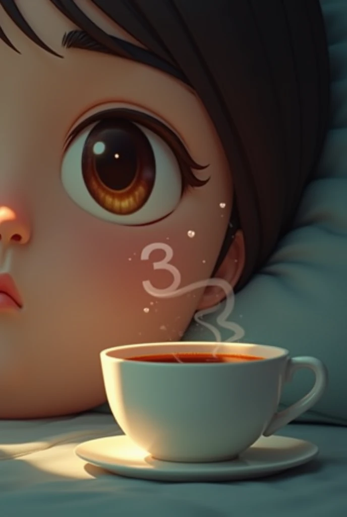 A cup of coffee and a brown eye and 3 z of sleep, Together
