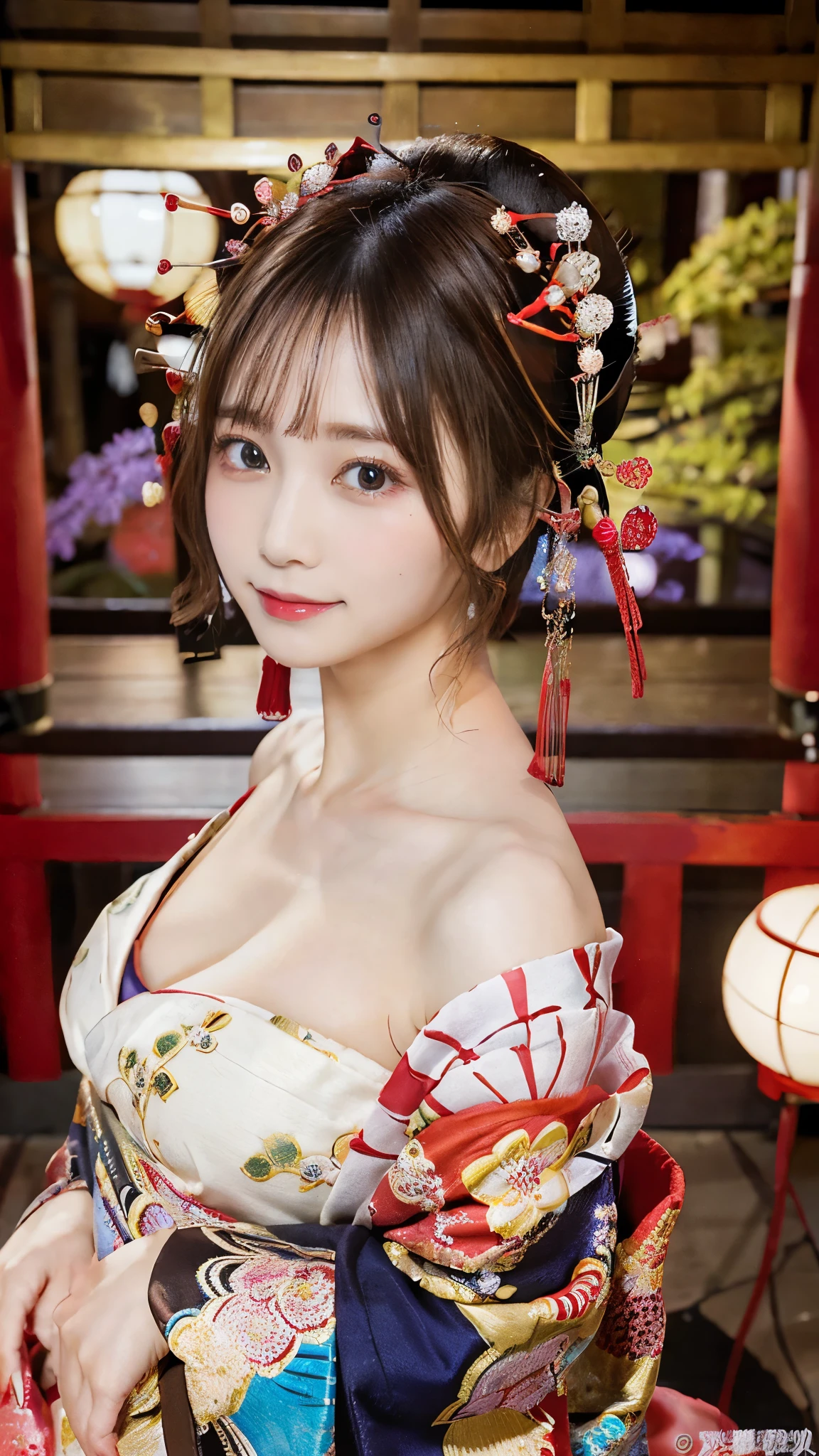 (Detailed skin:1.2),(Glowing Skin:1.1),8k,Highest quality, masterpiece, Ultra-high resolution,(Realistic:1.4), RAW Photos,(Soft Saturation:1.3),(Fair skin:1.2),Half Japanese Beauty,repair,20 years, Light brown hair, （Updo:1.2), Asymmetrical hair, (Pretty face:1.4), (Large Breasts, Tight waist), Beautiful lighting, (Sexy Oiran:1.2,),Highly detailed face, Highly detailed lips, fine grain, double eyelid, （Sharp focus: 1.2）, （Perfect Anatomy),(Beautiful woman with perfect figure: 1.2）、Exposing cleavage、Random sexy poses，(Accentuate the lines of your legs:1.２)、kimono、Sharp eyes,Captivating smile、Gorgeous hair ornament、Japanese style background、blue eyes