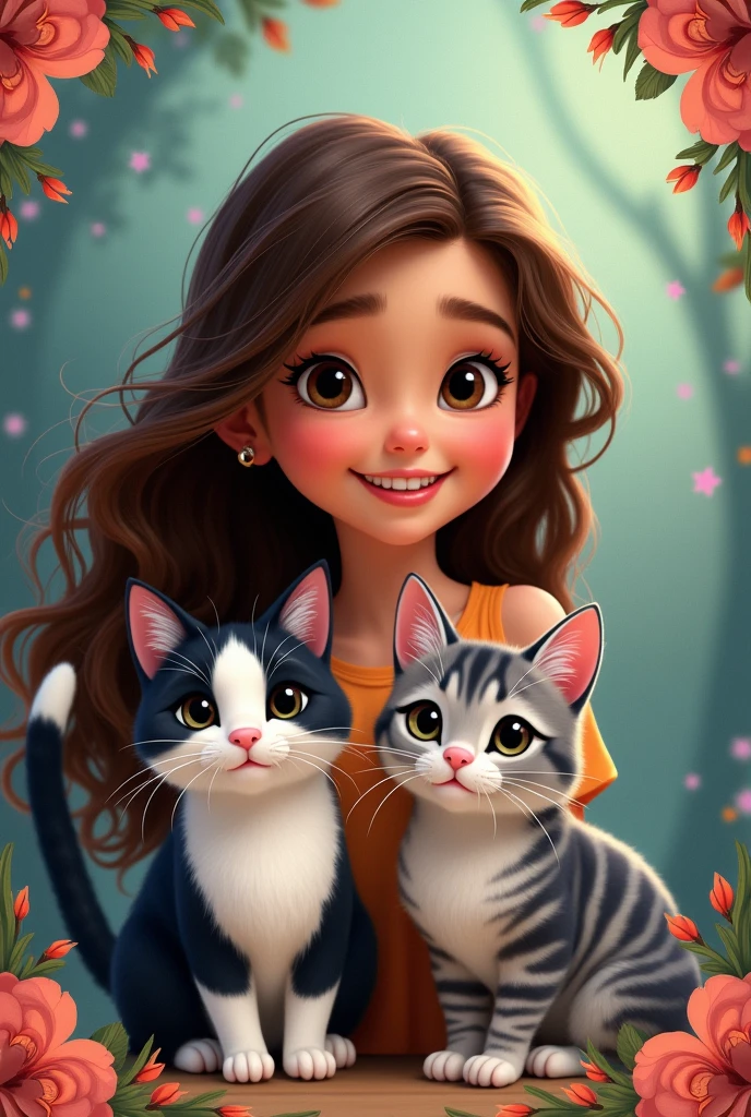 Disney poster of brunette girl with wavy hair and black and white cat and another non-brown cat with gray stripes