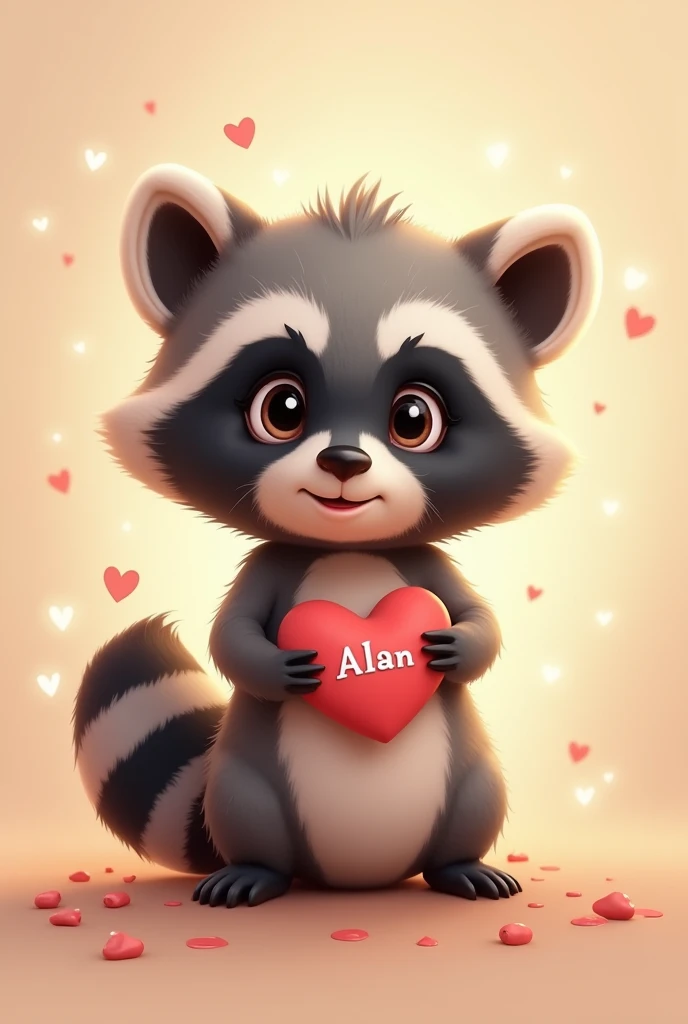 A cute baby raccoon with a heart that says Alan