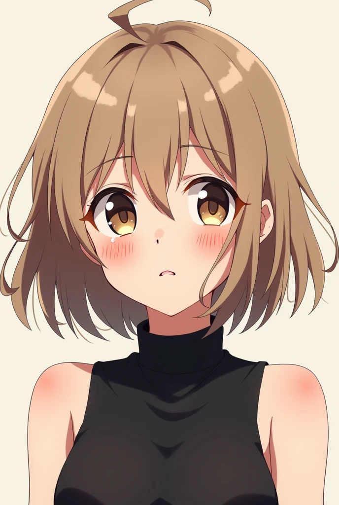 (my hero academia art style), 1 girl, short fluffy light brown hair, hazel eyes, slightly tired eyes, big eyes, soft face, black sleeveless turtleneck