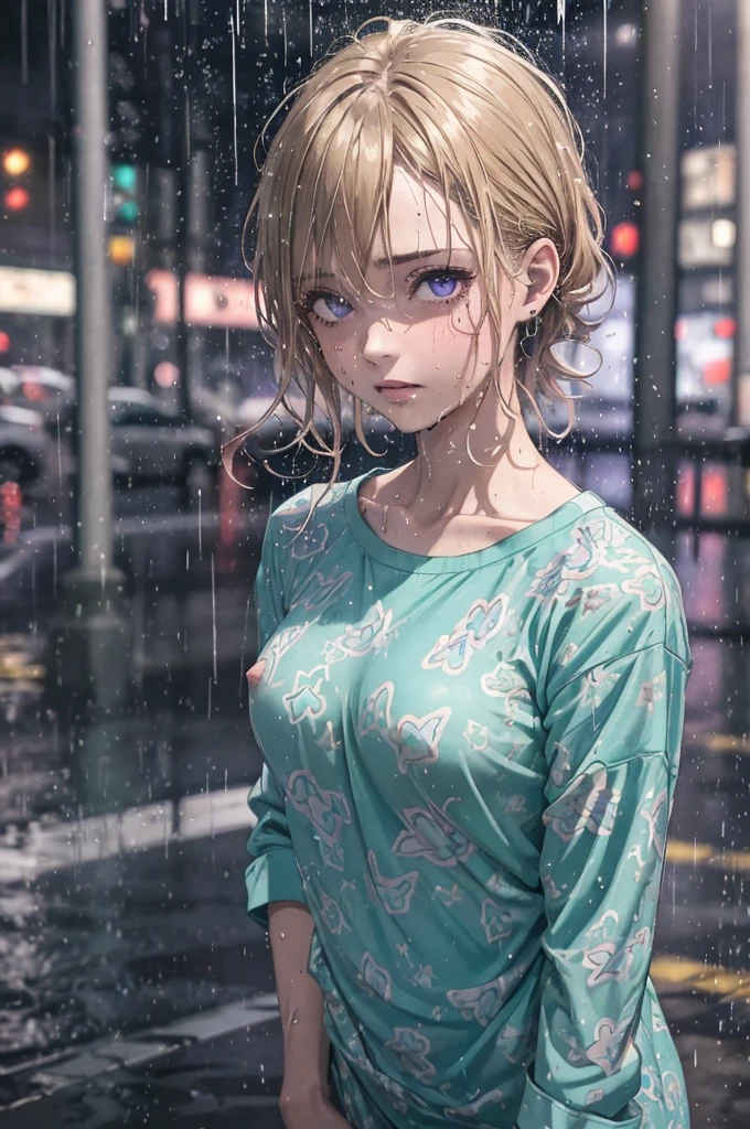 ((Teal coloured pyjama shirt)), 1girl, raining heavily, (patterned pyjamas), outside, short caramel-blonde hair sticking to her face, depressed purple eyes, teal coloured pyjama shirt, nighttime, very dark, soaking wet, wet through, wet clothes, almost naked, small breasts, outside at nighttime, in the streets, dark background, dark, very dark night, realistic colour, 1 colour shirt, soaking wet pyjamas, wet though, dripping wet, a hint of nipples, purple eyes, alluring depressed eye, cold dark night, flushed cheeks, braless, bare legs, bottomless,