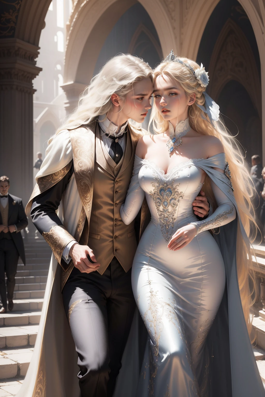 (Masterpiece - Ultra-detailed, very high resolution) Prepare to be enchanted by a true masterpiece that combines ultra-detailed art with high-resolution rendering. This work depicts a mesmerizing woman with very long blond hair (1.3) and captivating light blue eyes (1.2), emanating an aura of elegance and mystery in Victorian settings. The intricate details and realistic textures invite you to explore every aspect of this enchanting composition. Woman wearing beautiful classic Victorian costume from the year 1878. Red lips. Happy face. Smiling. (white dress). walking, upper body, dynamic poses. Get ready to dive into a world where beauty and craftsmanship merge perfectly. kissing a man.