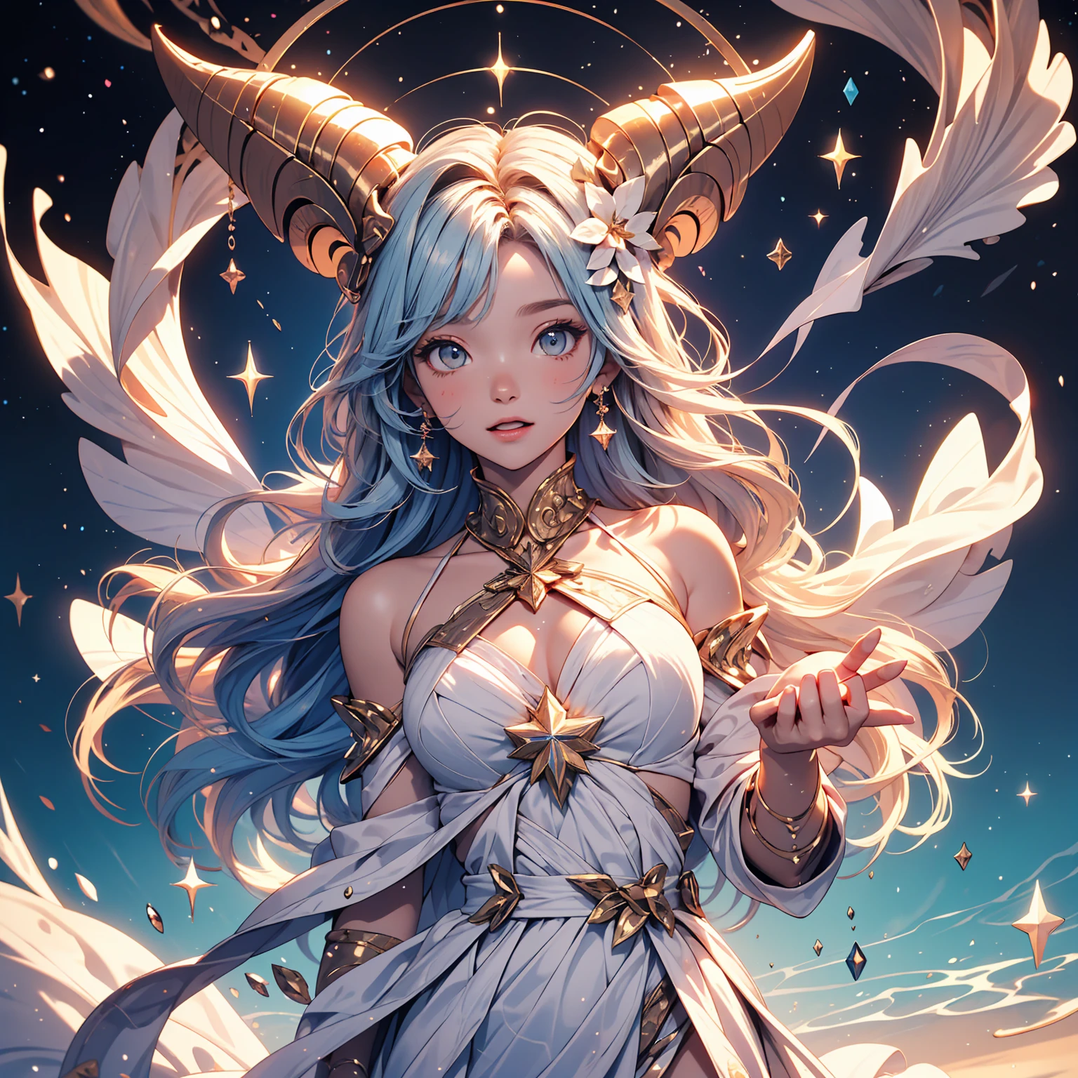 A high-quality 8K illustration featuring a chibi-style representation of the Aries goddess. The scene is set against a pale, ethereal background filled with stars and constellations. The Aries goddess has cute ram-like horns, flowing hair, and a celestial outfit that sparkles with stardust. She holds a small star in her hand, and beside her is a tiny chibi ram, playfully jumping around. The atmosphere is magical and dreamy, with a blend of soft pastel colors.