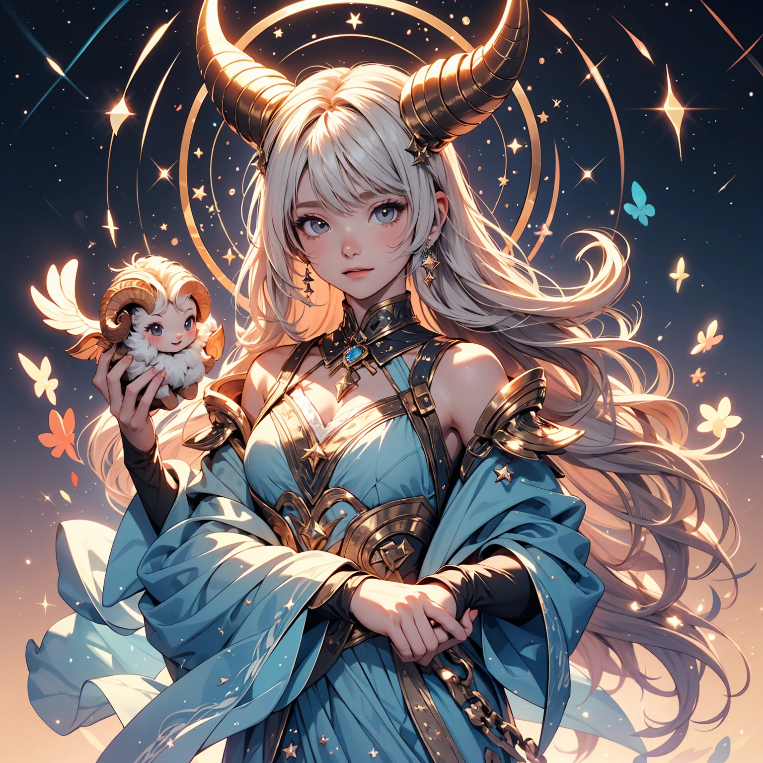 A high-quality 8K illustration featuring a chibi-style representation of the Aries goddess. The scene is set against a pale, ethereal background filled with stars and constellations. The Aries goddess has cute ram-like horns, flowing hair, and a celestial outfit that sparkles with stardust. She holds a small star in her hand, and beside her is a tiny chibi ram, playfully jumping around. The atmosphere is magical and dreamy, with a blend of soft pastel colors.