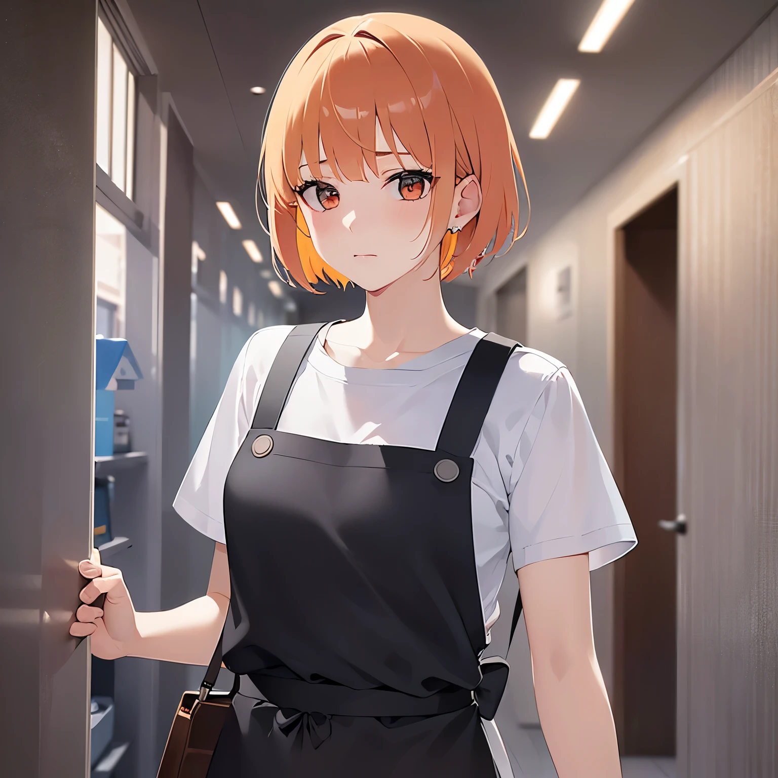 Upper Body, Realistic, real person, (pale skin: 1.2), RAW photo, photorealistic, portrait photography, shiny skin, shiny hair、(2 woman with orange bob cut) and (orange eyes) , BREAK(White T-shirt)and(apron:1.3)BREAK, (sad:1.5), The background is a company corridor、Alone、Are standing