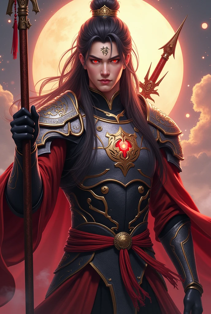 Handsome young early 20 Yo xianxia protagonist,charming handsome,guy,man,long black obsidian hair, Crimson red eyes combination ,and long black tint hair,and the golden rune motiv engraved on his forehead,use armour featuring like God of evil with black and silver dominant color,pauldron protective shape like dragon head,breastplate featuring like qiongqi four perils Chinese beast((search reference for 4 perils Chinese beast qiongqi)),breastplate detailed emperor dragon head shape,shoulder protective dragon shape like head red and blue,sun and moon and circling at the background,ultra detail,the tassel of the armour like river of galaxy, combination of black and red dominant color,darkest red dominant color, Crimson dark red dominant color armour,with majestic silver line ,held halberd of abyss,halberd extreme detailed, And demonic wings at back,demonic wings at back,terrifying aura around,24K ultra hd,face and eyes detail,lips and face detail,masterpiece ,better quality