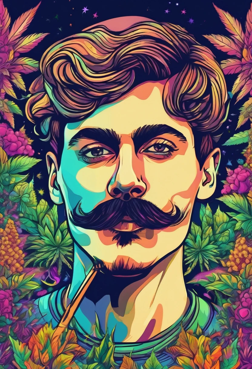 generate psychedelic image of a young man with a mustache and no beard, with short buzzcute shaved hair just a mustache in a marijuana garden, the young man is smoking marijuana, psychedelic art high quality art, psychedelic style cartoon style