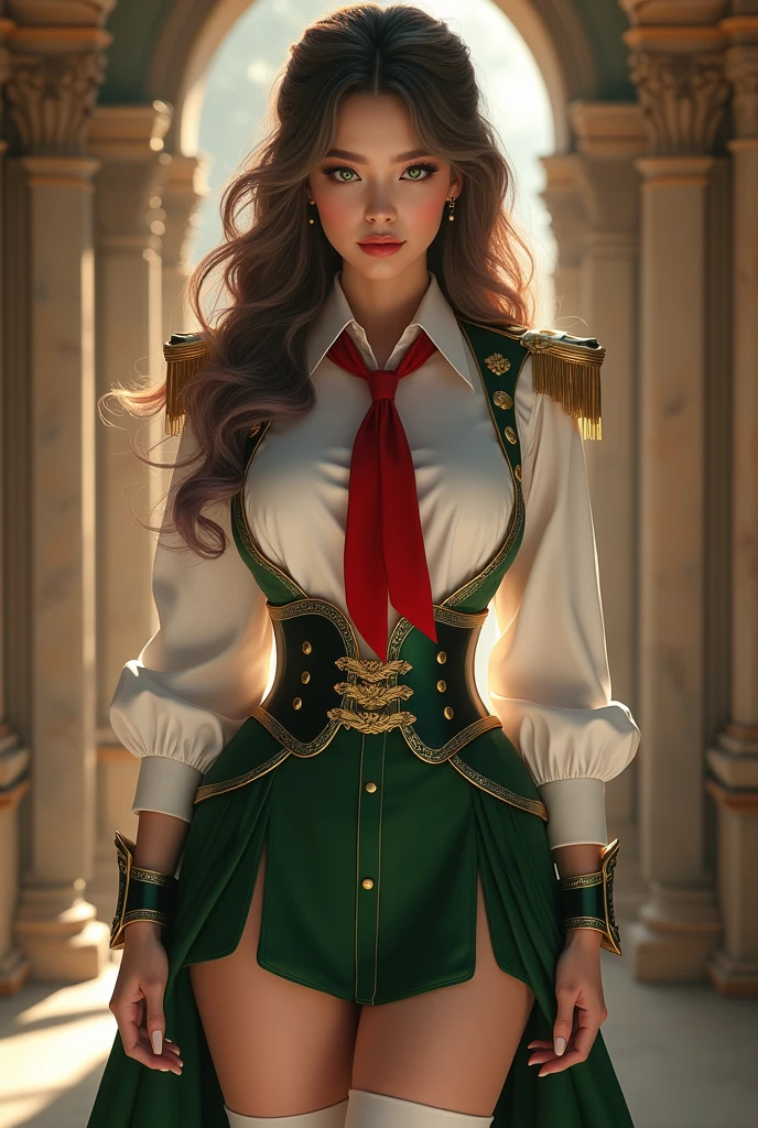 (((masterpiece))), (((best quality))), ((Super Detail)) , (A very elegant and beautiful lady: 1.4),(1 Girl),Riña_\(Fantasy Tower\),White skin,(((Full set of clothes,Hips:1.1 Army, (White__uniform:1.3), green_Wrinkles_skirt, tie, Red_tie, shirt, , White stockings,))),green eyes, multicoloRed hair, (((Lips, parted Lips, cosmetic))),White teeth, A faint smile, indoors, Perfect face,(Huge breasts:1.4), thigh粗壮, cleveage, Curvy beauty, indoors, Ultra-realistic 8k CG, picture-Perfect face, Flawless, Clean, masterpiece, Professional artwork, Famous Artworks, Movie Lighting, Movie Bloom, Perfect face, Pretty Face, beautiful eyes, Soft hair, Long hair, Detailed breasts ,高thigh, (thigh:1.4), Perfect body shape 