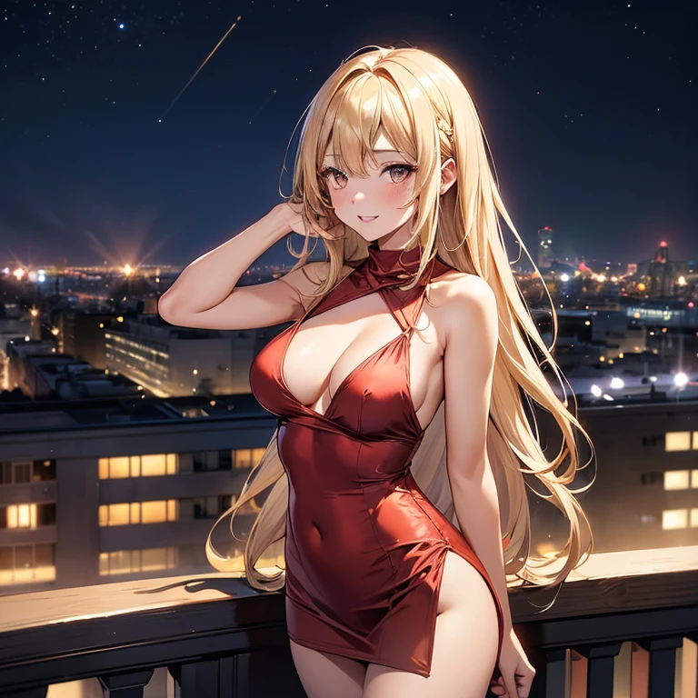 1girl, solo, bangs, long blonde hair, parted lips, medium breast, gold eyes, long hair, smile, solo, Women's red Satin Sleeveless Spaghetti Strap Mini Dress Sexy Slip Cowl Neck Silky Cocktail Party Dress, standing on the balcony, midnight cityscape background, back facing the camera 