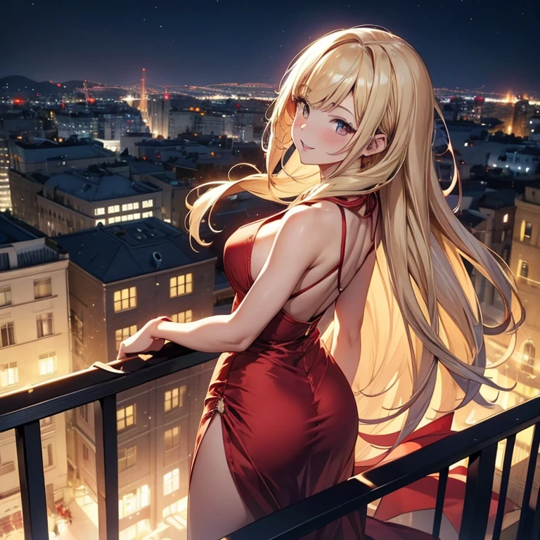 1girl, solo, bangs, long blonde hair, parted lips, medium breast, gold eyes, long hair, smile, solo, Women's red Satin Sleeveless Spaghetti Strap Mini Dress Sexy Slip Cowl Neck Silky Cocktail Party Dress, standing on the balcony, midnight cityscape background, back facing the camera 