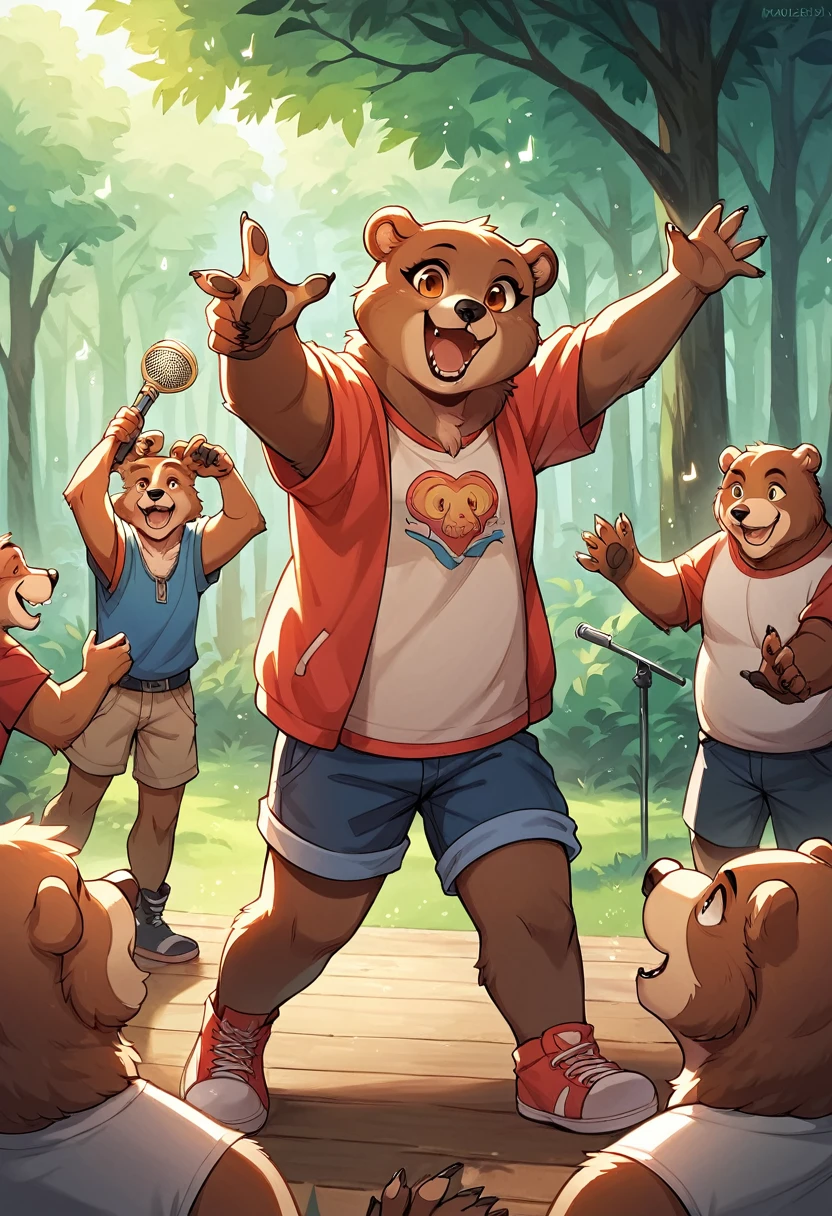 rating_safe, score_9, score_8_up, score_7_up, score_6_up, score_5_up, score_4_up, hires, source_furry(super cute 1girl, bear, pair)singing, dancing, waltz, boys, girls, forest, good lighting,