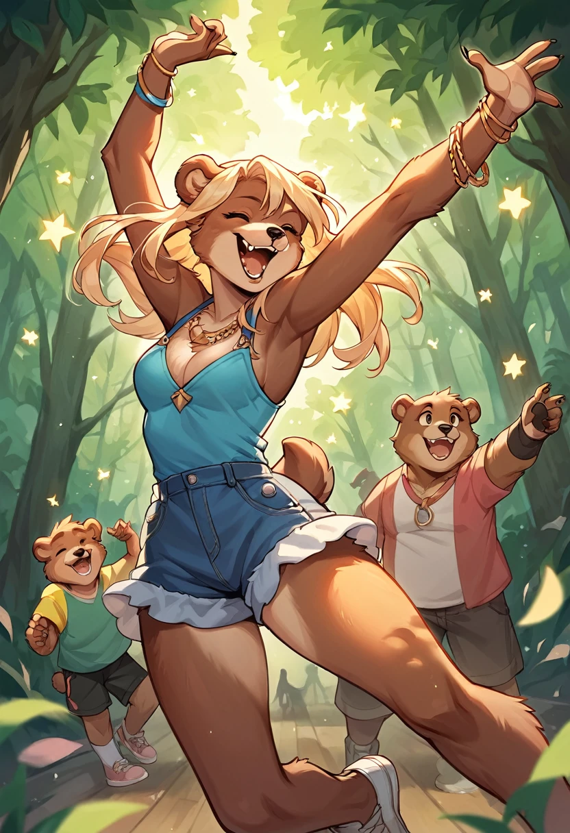 rating_safe, score_9, score_8_up, score_7_up, score_6_up, score_5_up, score_4_up, hires, source_furry(super cute 1girl, bear, pair)singing, dancing, waltz, boys, girls, forest, good lighting,