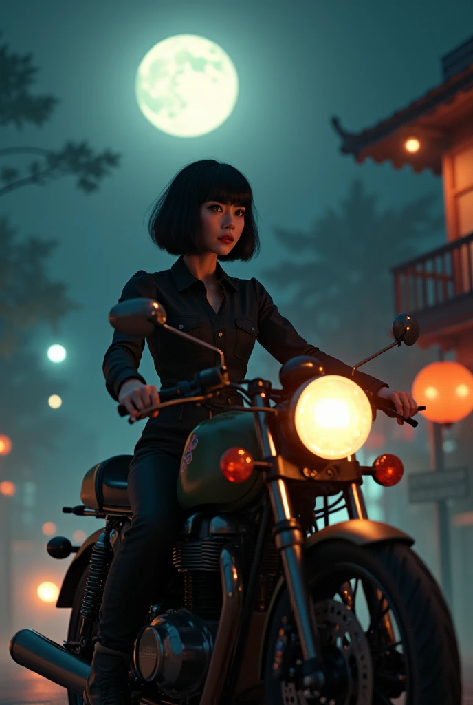 A beautiful young woman from Brooklyn, dressed in a jumpsuit, riding a classic cafe racer motorcycle under the full moon of the Mid-Autumn Festival. The scene is set at night with the full moon glowing brightly in the background, illuminating her and the vintage bike. She has short black bobbed hair, and her expression is cool and composed. The motorcycle is vintage in design, adding to the retro atmosphere. The setting reflects an urban night with a slight mist, creating a mysterious and serene mood 