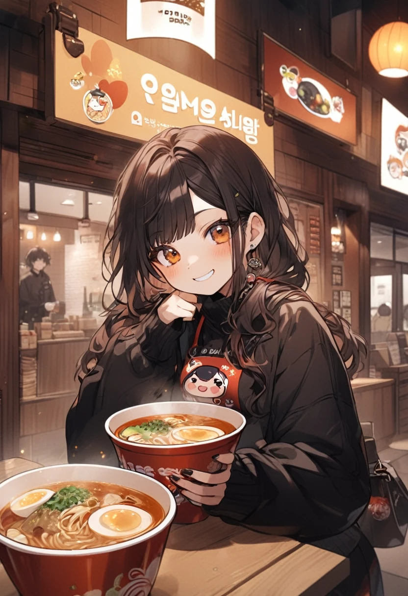 A striking advertising for the company MIKARU Store. add Two sister in chibi anime style, smiling with joy. Dark hair fringe. Both sisters are eating ramen promoting ramen pots with MIKARU Store Logo. Warm ambiance, Korean decoration, kpop dressing and accesories.