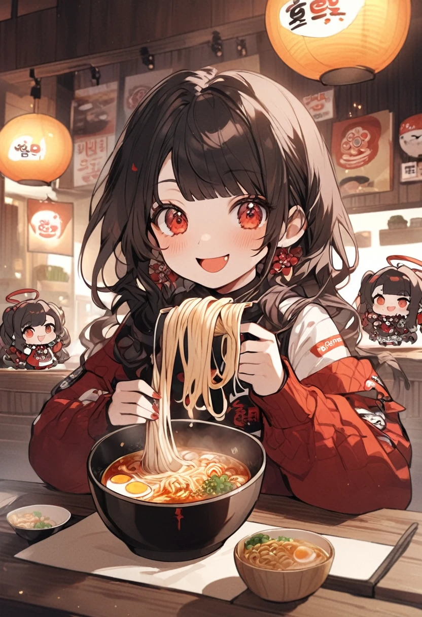 A striking advertising for the company MIKARU Store. add Two sister in chibi anime style, smiling with joy. Dark hair fringe. Both sisters are eating ramen promoting ramen pots with MIKARU Store Logo. Warm ambiance, Korean decoration, kpop dressing and accesories.