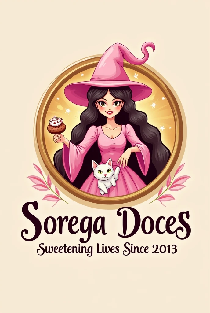 "Design a logo for a candy store called &#39;Sorega Doces&#39; using baby pink colors, rot, dourado e branco. The logo should embody the archetypes of the Wizard or Sorceress, Creator and Lover. Design should evoke a sense of magic, creativity , and heat. Place the logo inside a golden circular graphic element. Include the slogan &#39;sweetening lives since 2013&#39; in the Portuguese language, and make sure the text is in gold and white. Include a cat with a pastry hat