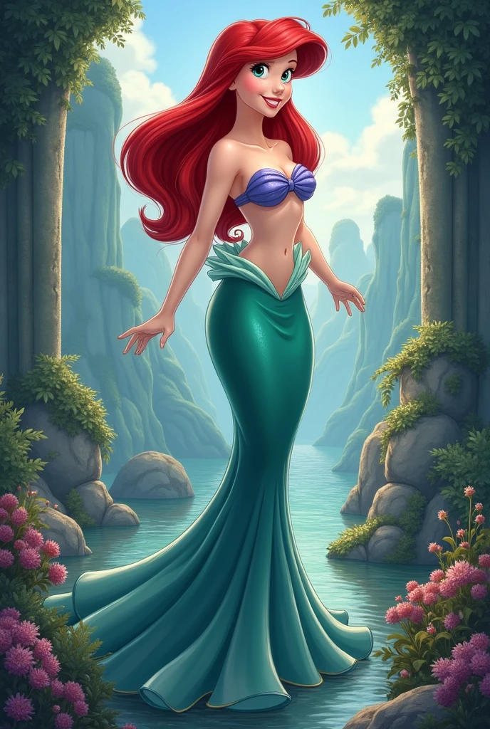Disney Princessesのアリエルを人間にする、Disney Princesses、whole body、(masterpiece:1.2), (Highest quality), (Super detailed), (8k, 4K, Complex),(Half Body:1.2),(cowboy:1.2),(Very detailed:1.2),(Detailed face:1.2), (Detailed Background),(Portraiture),Detailed landscape, (Dynamic pose:1.2),One girl, alone, smile、whole body、Front upright、