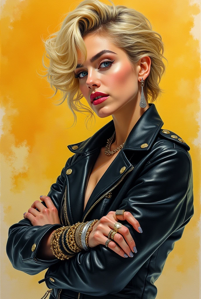 vitagem madonna aged 25 with short blonde hair in the 1983s, with a black jacket with gold zippers, and riper bracelets, piercing blue eyes, smoky yellow background with zinc,PICTURE REALISTIC,watercolor painting