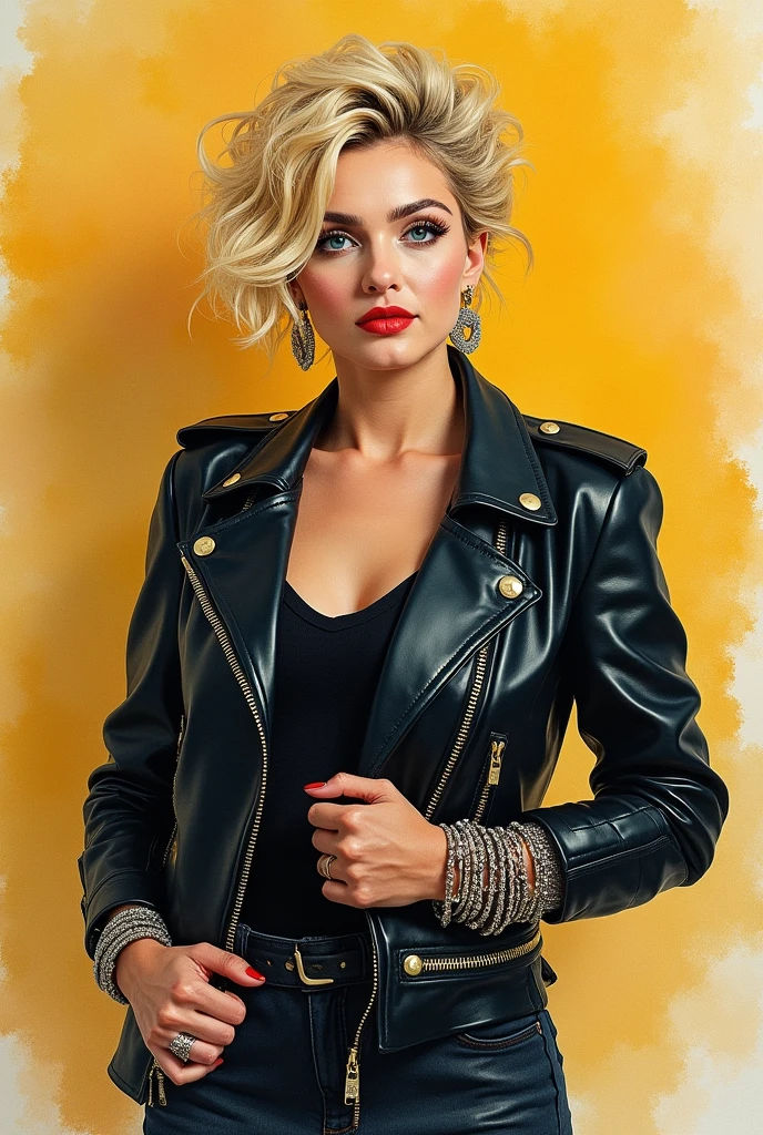 vitagem ??????? aged 25 with short blonde hair in the 1983s, with a black jacket with gold zippers, and riper bracelets, piercing blue eyes, smoky yellow background with zinc,PICTURE REALISTIC,watercolor painting