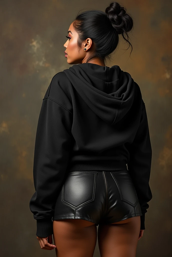 black woman hair in a bun black hoodie black leather short shorts being fucked in the ass by a old grandma in a dress