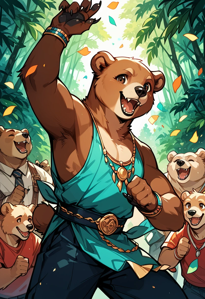 rating_safe, score_9, score_8_up, score_7_up, score_6_up, score_5_up, score_4_up, hires, source_furry(super cute 1girl, bear, pair)singing, dancing, waltz, boys, girls, forest, good lighting,