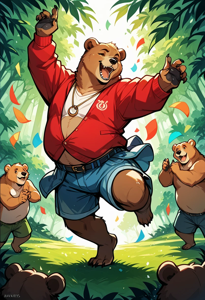 rating_safe, score_9, score_8_up, score_7_up, score_6_up, score_5_up, score_4_up, hires, source_furry(super cute 1girl, bear, pair)singing, dancing, waltz, boys, girls, forest, good lighting,