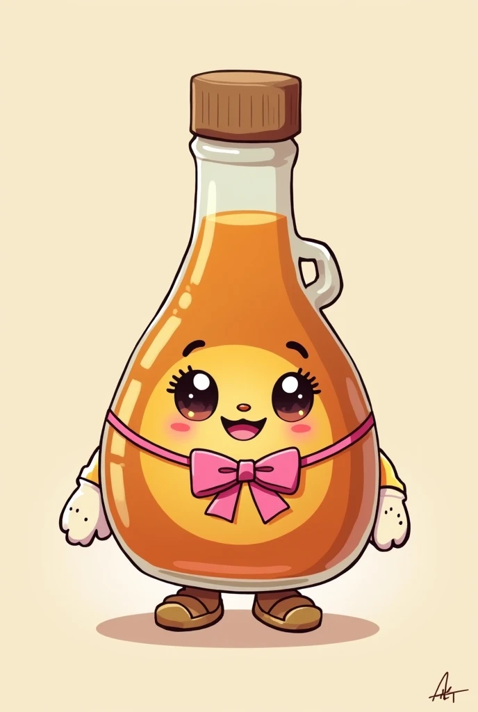 a maple syrup bottle character with a pink bow, big eyes, big eyelashes, with a round nose, big smile with teeth, arms with white gloves and legs with little shoes, 2D simple cartoon non tridimensional, non kawai