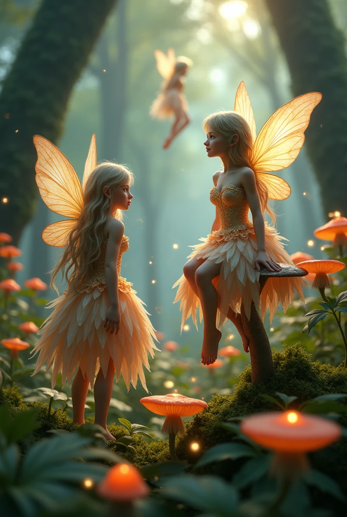 Create a magical scene featuring three ethereal fairies in an enchanted forest at dusk.
The fairies should have delicate, translucent wings that shimmer with a soft glow.
One fairy is sitting on a mushroom, another is hovering in mid-air, and the third is perched on a flower petal.
They should wear flowing dresses made of petals and leaves, with intricate, nature-inspired patterns.
The forest is dense with ancient trees, glowing mushrooms, and sparkling fireflies.
The overall atmosphere should feel mystical and serene, with a soft, warm light filtering through the trees.(best quality,4k,8k,highres,masterpiece:1.2),ultra-detailed,(realistic,photorealistic,photo-realistic:1.37),beautiful fairy girl with long flowing hair, detailed face, piercing blue eyes, delicate features, wearing a flowing dress, standing in a magical forest with glowing fireflies, sunbeams streaming through the trees, lush greenery, warm color tones, cinematic lighting, fantasy, concept art