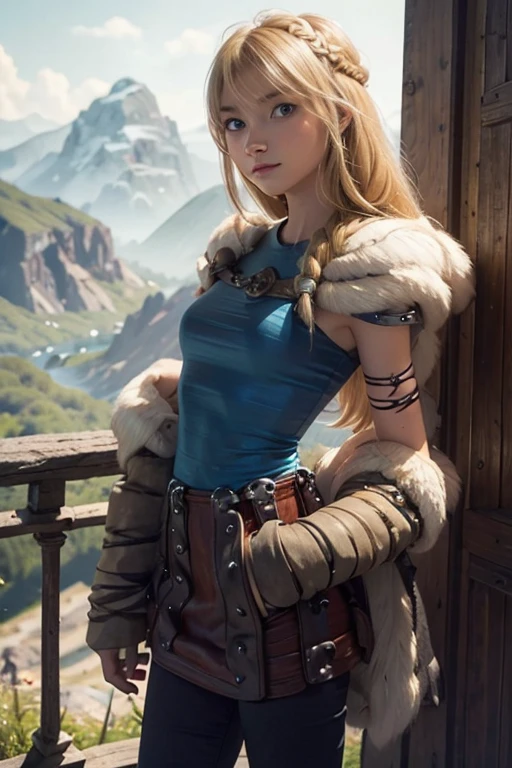 astrid hofferson, Perfect eyes, Skinny body, small bust, two hands, Whole body, you can see his legs, standing, Lovely, mountainous landscape, pose sexy,